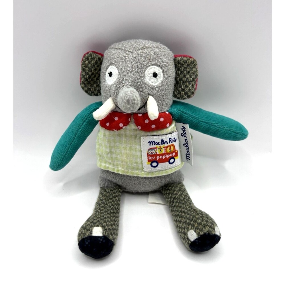 Moulin Roty Elephant Le Popipop Plush Baby Lovey Sewn Eyes 8”